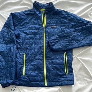 Patagonia Blue Nano Puff jacket with Neon lime green Accents
